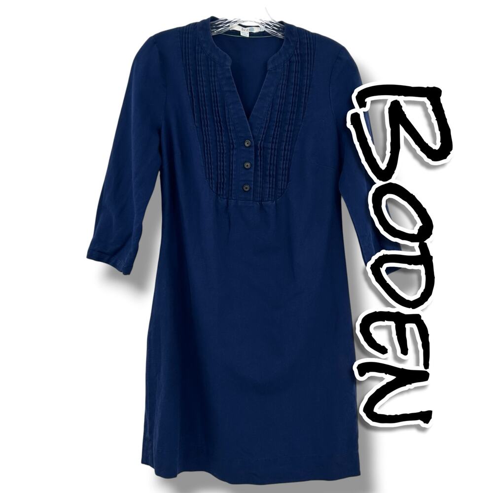 Boden Laura Linen Denim Mini Dress Women 4 Navy Blue Pintuck Shift 3/4 Sleeve